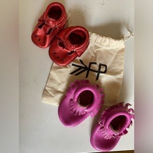 2 Pairs of Freshly Picked Size 2 Moccasins (Metallic Red and Pink)